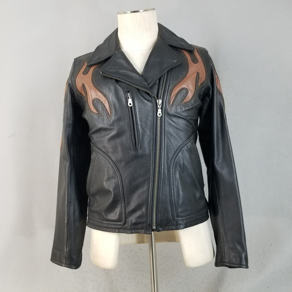 Harley Davidson Jacket Womens Medium Black Leather Biker Lizard Inlays Moto
